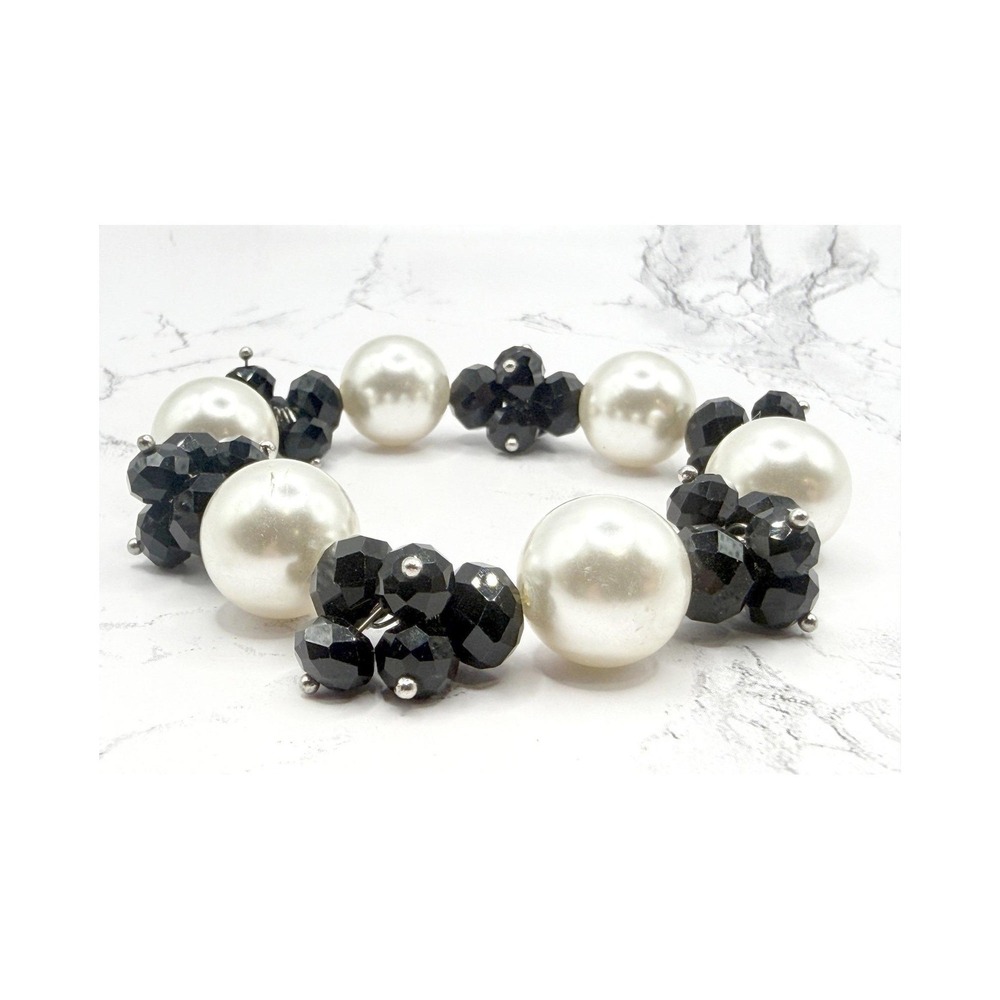 Chunky Pearl & Black Faceted Glass Bead Stretch Bracelet 16mm Statement‎